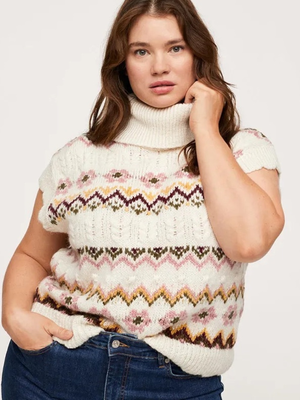 Mango Fair Isle Whimsical Turtleneck Sweater Shell XL - Picture 2 of 8